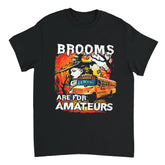 Black t-shirt with a graphic design of a school bus and text 'Brooms Are For Amateurs' on a white background.