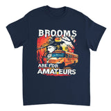 Navy blue t-shirt with graphic design and text 'Brooms Are For Amateurs' on a white background