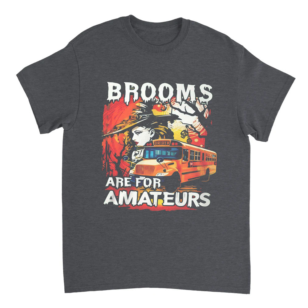 Gray t-shirt with a graphic design featuring a school bus and text on a white background