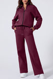Burgundy Drop Shoulder Zip Up Jacket Drawstring Pants Active 2pcs Set