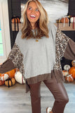 Gray Leopard Patchwork Dolman Sleeve High Low Baggy Sweatshirt