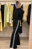 Fiery Red Varsity Striped Detail Cropped Pullover Wide Leg Pants 2pcs Outfit