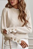 Sleet Lace Trim Patchwork Buttoned Cuffs Loose Sweater