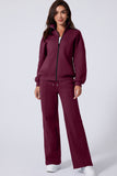 Burgundy Drop Shoulder Zip Up Jacket Drawstring Pants Active 2pcs Set