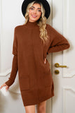 Fiery Red Ribbed High Neck Front Pockets Center Seam Sweater Dress