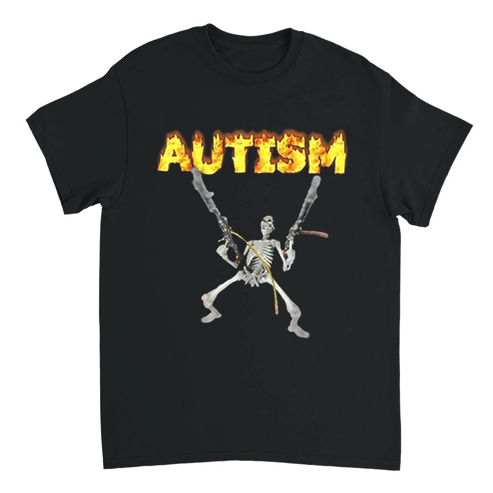 Black t-shirt with a skeleton and 'AUTISM' text design on a white background