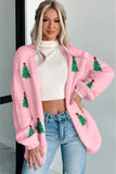 Light Pink Christmas Tree Print Open Front Drop Shoulder Knit Cardigan