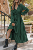 Blackish Green Solid Long Sleeve Button V Neck Tiered Maxi Dress