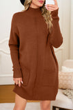 Fiery Red Ribbed High Neck Front Pockets Center Seam Sweater Dress