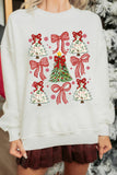 White Christmas Tree Ribbon Bow Printed Drop Shoulder Sweatshirt