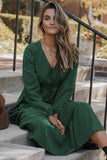 Blackish Green Solid Long Sleeve Button V Neck Tiered Maxi Dress