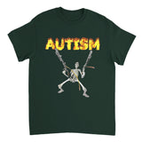 Dark green t-shirt with a skeleton holding flaming swords and 'AUTISM' text on a white background