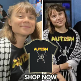 Person wearing an 'AUTISM' t-shirt with a skeleton design, surrounded by promotional text.