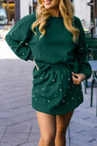 Dark Green Pearl Embellished Drop Shoulder Pullover Elastic Waist Mini Skirt Set