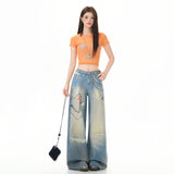 Chain Print Denim Pants Women's Casual Hip-hop Style Loose Wide Leg Tapered Fit Pants