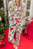 White Christmas Pattern Button V Neck Pullover Drawstring Pants 2pcs Lounge Set