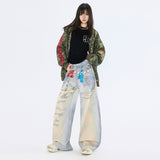 Graffiti Heart Bear Chain Curved Knife Pants High Street Loose Wide Leg Jeans for Women