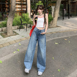 Women's Wide-Leg Floor-Length Denim Pants Washed Slim Straight Leg Trousers