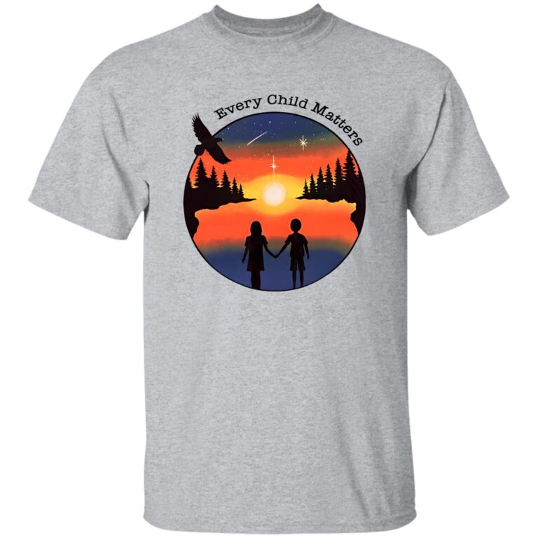 Gray t-shirt with 'Every Child Matters' graphic design featuring a sunset over a forest with two people holding hands.