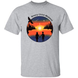 Gray t-shirt with 'Every Child Matters' graphic design featuring a sunset over a forest with two people holding hands.