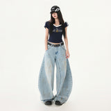 Dye-Effect Knife-Edge Denim Pants Mid-Waist Patchwork Wide-Leg Floor-Length Pants