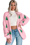 Light Pink Christmas Tree Print Open Front Drop Shoulder Knit Cardigan