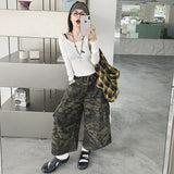 Casual Loose 7/8 Camouflage Pants for Women,Distressed Straight Leg Wide Leg Cargo Style