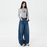 Women's Large Pocket Oversized Knife-Edge Jeans, Loose Baggy Patchwork Wide Leg Floor-Length Pants
