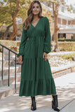 Blackish Green Solid Long Sleeve Button V Neck Tiered Maxi Dress