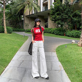 Women's White  Casual Pants for Summer Low Waist Flared Denim Trousers