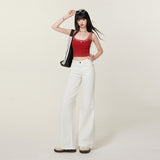 Women's White Denim Pants Summer Casual  Thin Slim Floor-Length Straight-Leg Trousers