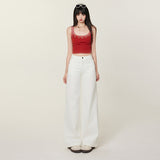 Women's White Denim Pants Summer Casual  Thin Slim Floor-Length Straight-Leg Trousers