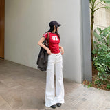 Women's White  Casual Pants for Summer Low Waist Flared Denim Trousers