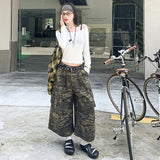 Casual Loose 7/8 Camouflage Pants for Women,Distressed Straight Leg Wide Leg Cargo Style