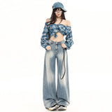 Light Blue Gradient Wide-Leg Jeans Autumn Washed Design Loose Drape Straight Trousers