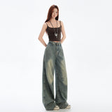 Blue Wide Leg Jeans Deconstructed Design Straight Leg Denim Pants for Women