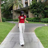 Women's White  Casual Pants for Summer Low Waist Flared Denim Trousers