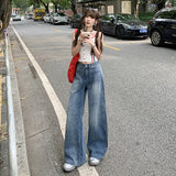 Women's Wide-Leg Floor-Length Denim Pants Washed Slim Straight Leg Trousers