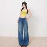 Women's Bamboo Water Washed Straight Leg Jeans Low Waist Slim Wide Leg Pants
