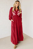 Racing Red Contrast Embroidered Detail Cinched Waist Tiered Long Sleeve Maxi Dress