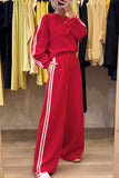Fiery Red Varsity Striped Detail Cropped Pullover Wide Leg Pants 2pcs Outfit