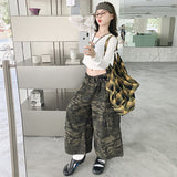 Casual Loose 7/8 Camouflage Pants for Women,Distressed Straight Leg Wide Leg Cargo Style