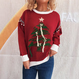 Casual Knitted Sweater Round Neck Splicing Christmas Tree Women's Hoodie