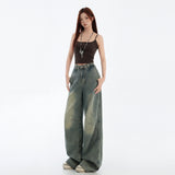 Blue Wide Leg Jeans Deconstructed Design Straight Leg Denim Pants for Women