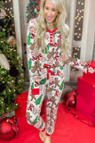 White Christmas Pattern Button V Neck Pullover Drawstring Pants 2pcs Lounge Set