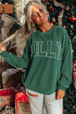 Blackish Green Twisted Rib Merry Letter Graphic Loose Long Sleeve Top