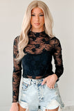 Black Mock Neck Floral Lace Mesh Long Sleeve Top