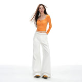 Casual Wide-Leg Pants for Women with Lace Trim Waistband Dark Blue Straight Leg, Low-Waist Floor-Length Style