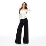 Casual Wide-Leg Pants for Women with Lace Trim Waistband Dark Blue Straight Leg, Low-Waist Floor-Length Style