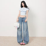 Women's Low-Waist Elastic Pattern Straight Jeans Summer Light Color Floor-Length Wide-Leg Pants